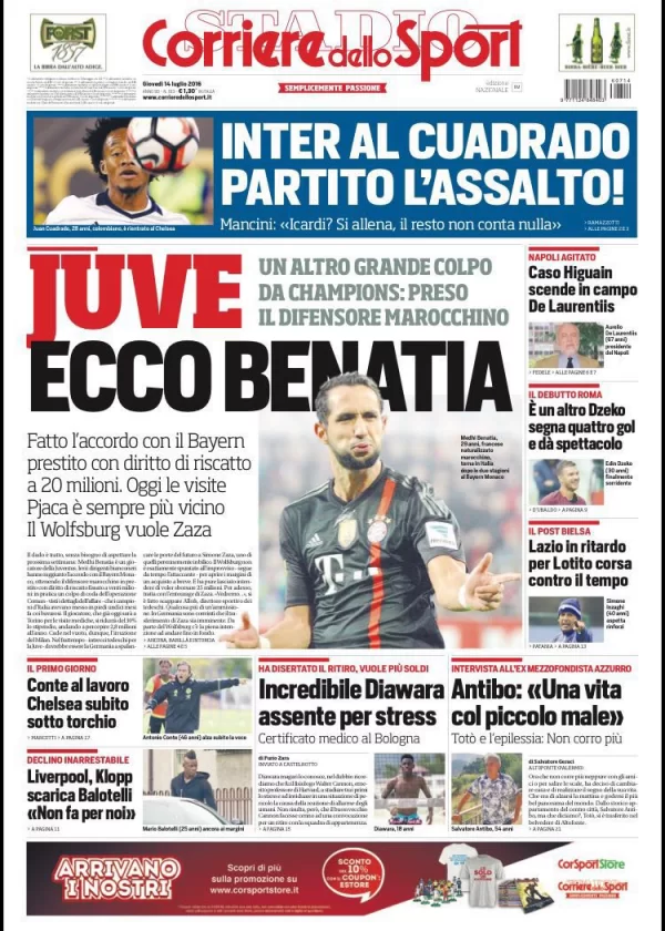 Dopo Benatia anche Higuain? Klopp boccia Balo, i quotidiani di oggi